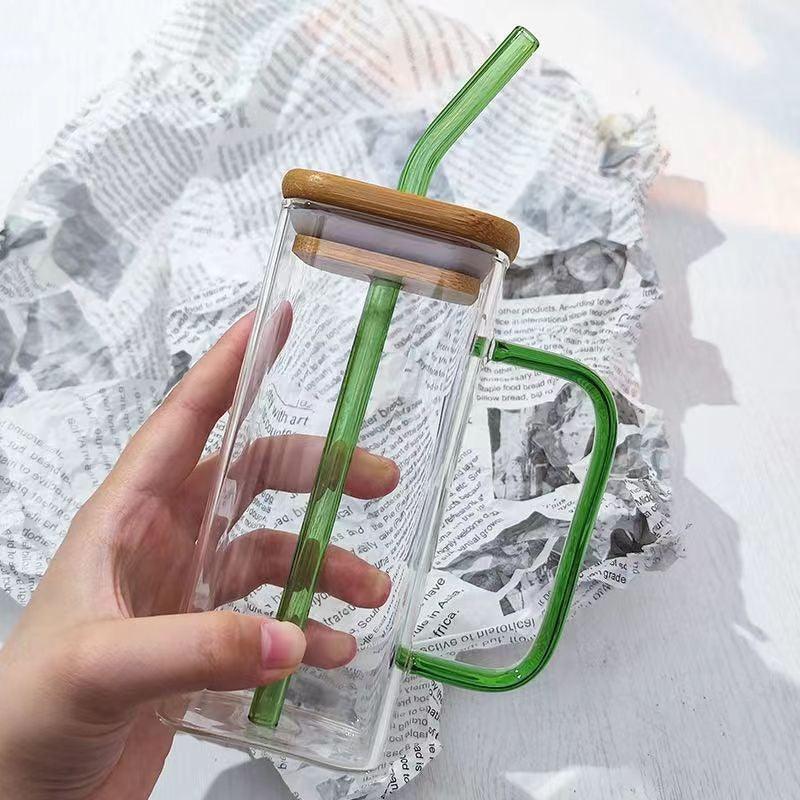 Mug en Verre Carré 350ml – Couvercle Bambou & Paille Colorée - Mixoya