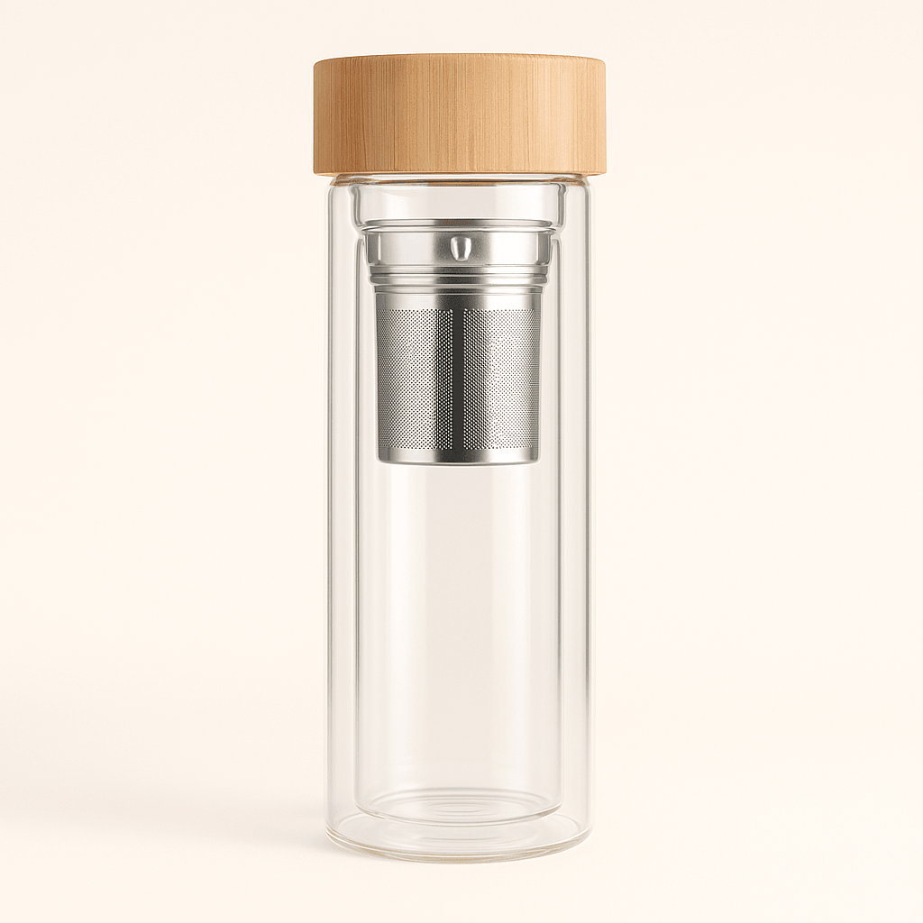 Bouteille Infuseur Isotherme en Verre Double Paroi avec Couvercle Bambou – 350 ml / 450 ml - Mixoya