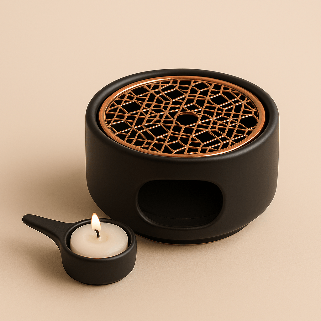 Chauffe-Bougie pour Théière en Céramique Noire avec Détail Doré – Élégance et Chaleur Zen - Mixoya