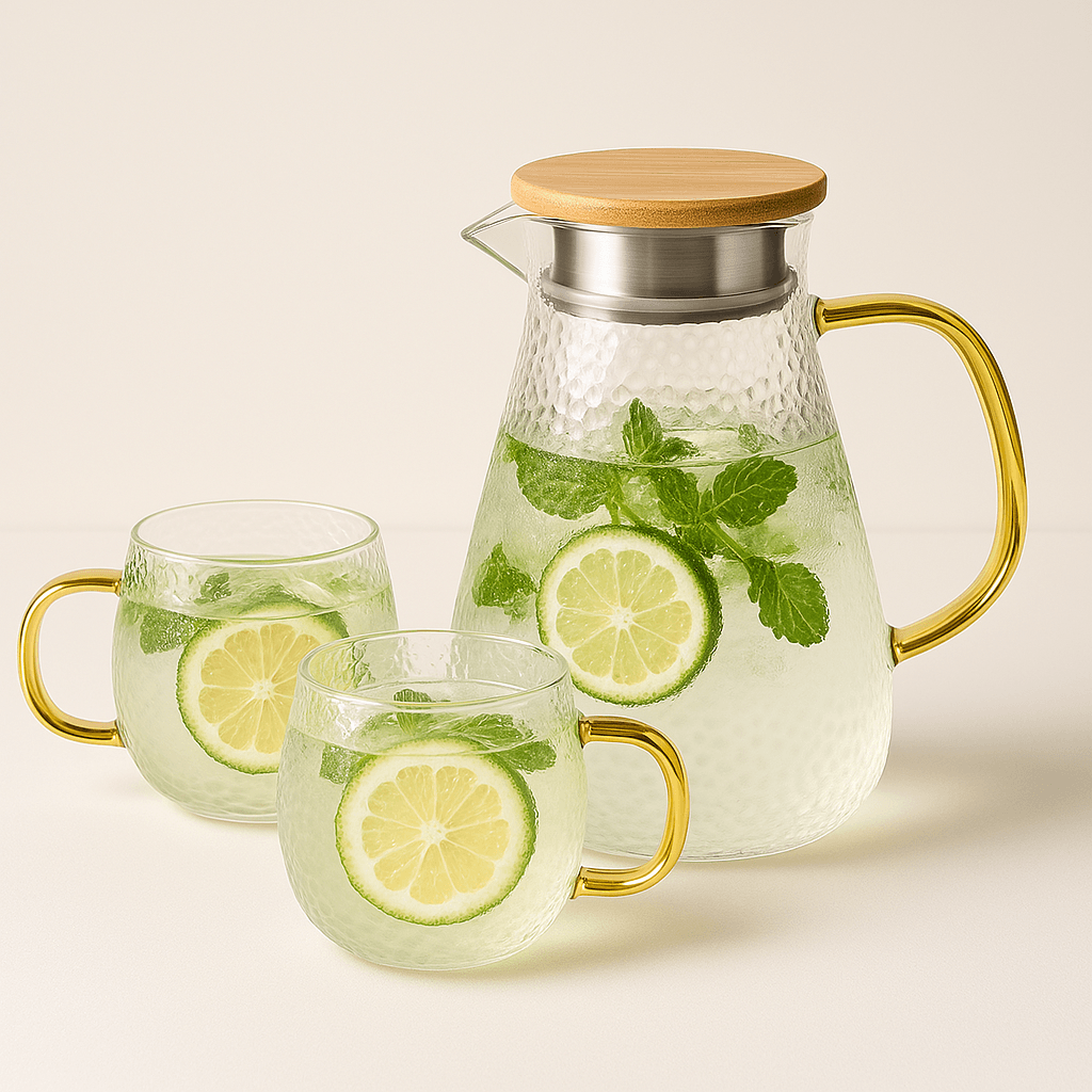 Carafe en Verre Borosilicate 1.5L à 2.2L avec Couvercle Bambou – Design Diamant et Texturé - Mixoya