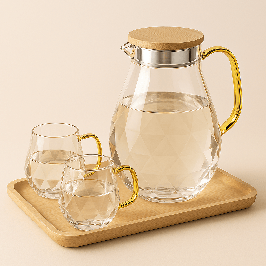Carafe en Verre Borosilicate 1.5L à 2.2L avec Couvercle Bambou – Design Diamant et Texturé - Mixoya