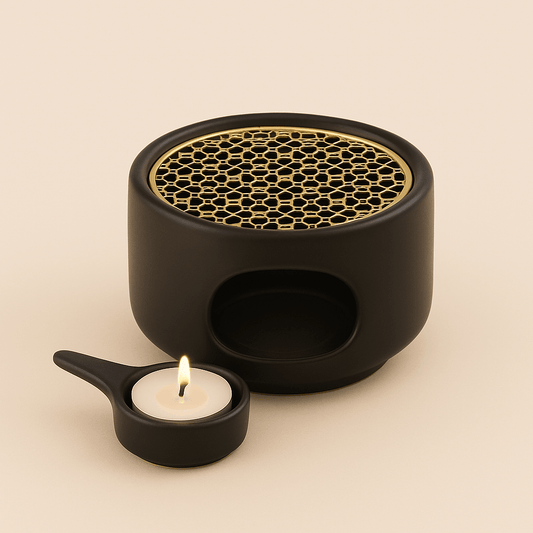 Chauffe-Bougie pour Théière en Céramique Noire avec Détail Doré – Élégance et Chaleur Zen - Mixoya