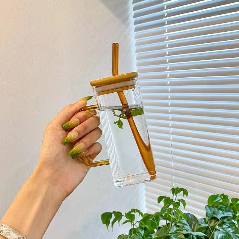 Mug en Verre Carré 350ml – Couvercle Bambou & Paille Colorée - Mixoya
