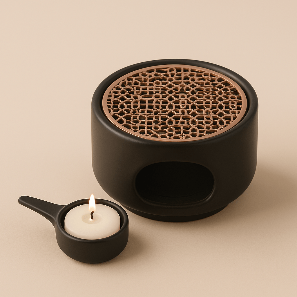 Chauffe-Bougie pour Théière en Céramique Noire avec Détail Doré – Élégance et Chaleur Zen - Mixoya