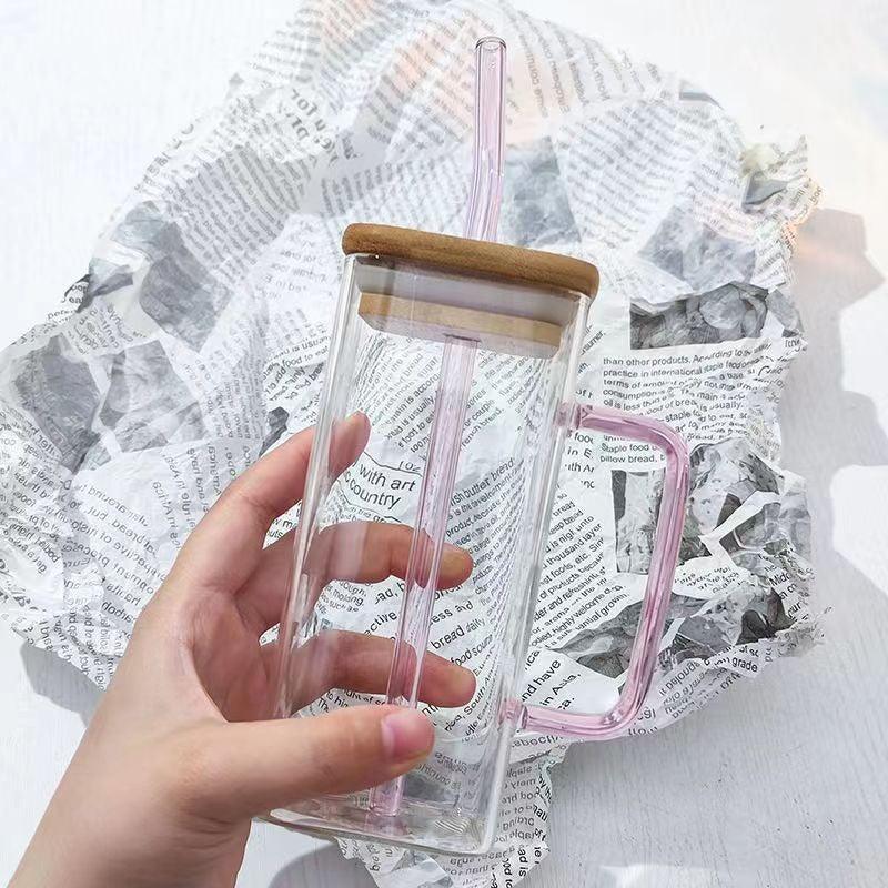 Mug en Verre Carré 350ml – Couvercle Bambou & Paille Colorée - Mixoya
