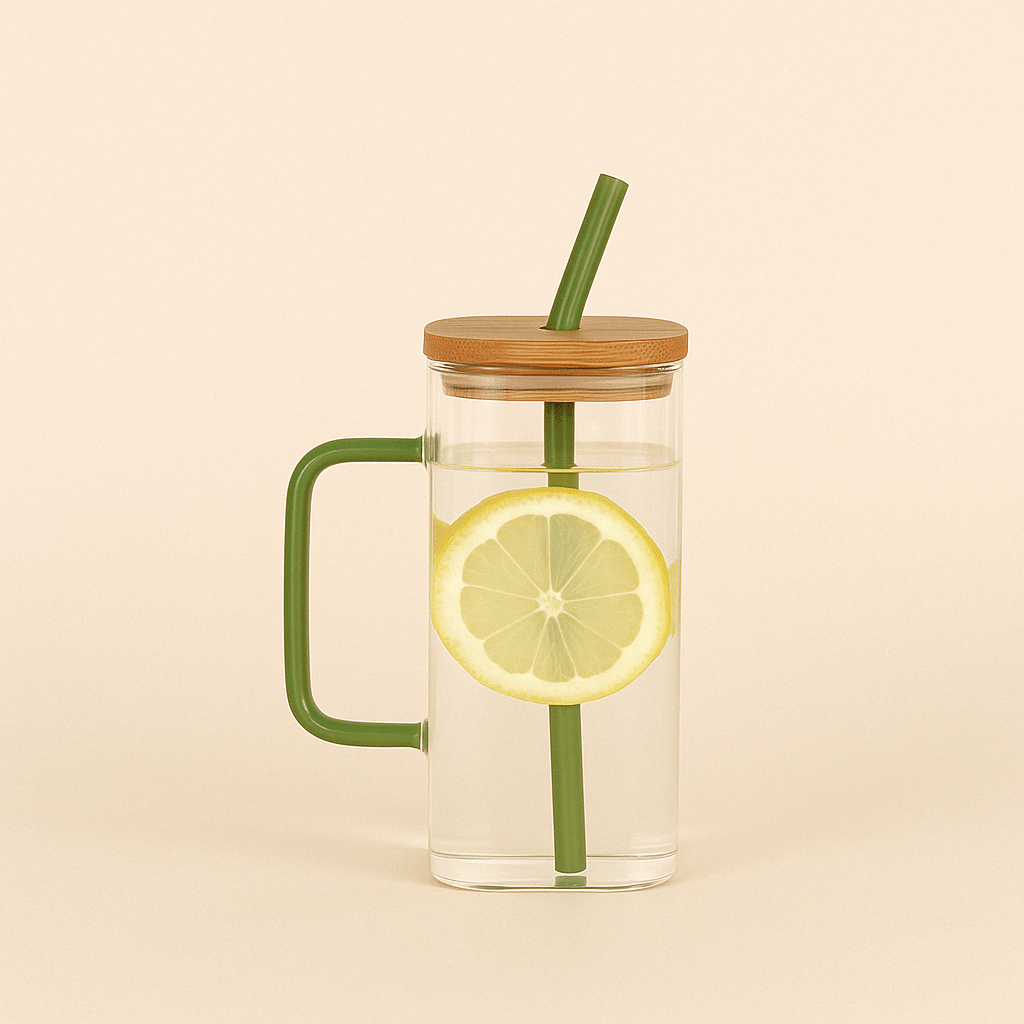 Mug en Verre Carré 350ml – Couvercle Bambou & Paille Colorée - Mixoya