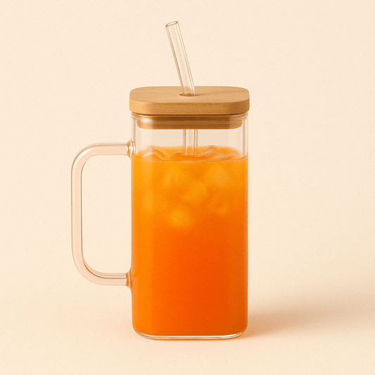 Mug en Verre Carré 350ml – Couvercle Bambou & Paille Colorée - Mixoya