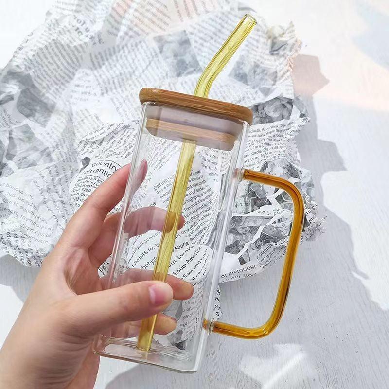 Mug en Verre Carré 350ml – Couvercle Bambou & Paille Colorée - Mixoya