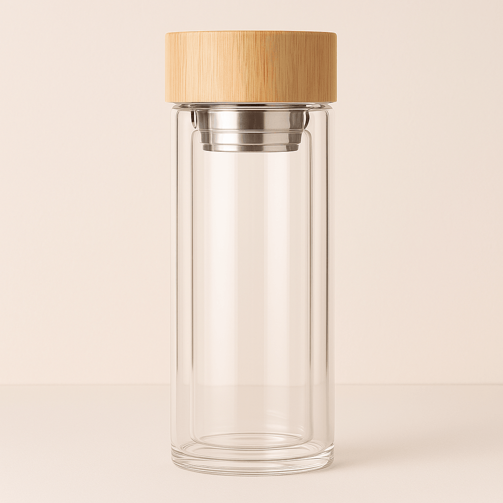 Bouteille Infuseur Isotherme en Verre Double Paroi avec Couvercle Bambou – 350 ml / 450 ml - Mixoya