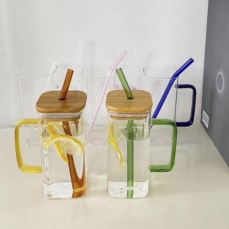 Mug en Verre Carré 350ml – Couvercle Bambou & Paille Colorée - Mixoya
