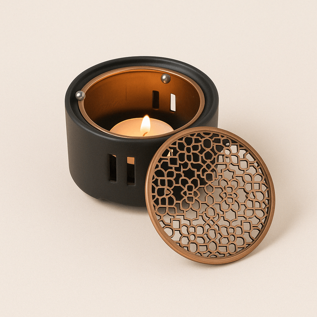 Réchaud à Thé en Céramique Noire - Grille Dorée ou Cuivrée - Mixoya