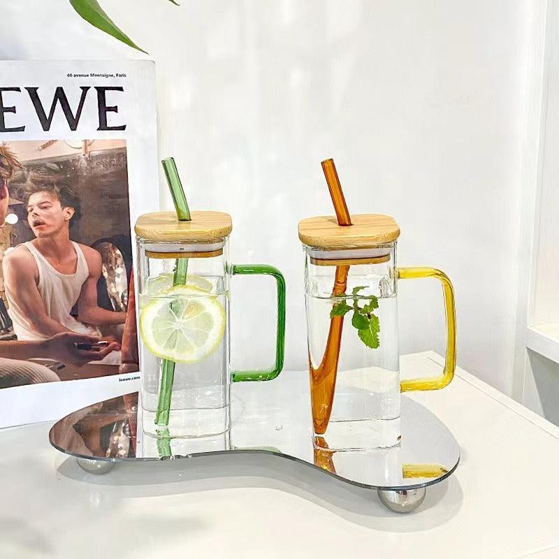 Mug en Verre Carré 350ml – Couvercle Bambou & Paille Colorée - Mixoya