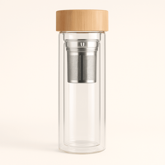 Bouteille Infuseur Isotherme en Verre Double Paroi avec Couvercle Bambou – 350 ml / 450 ml - Mixoya