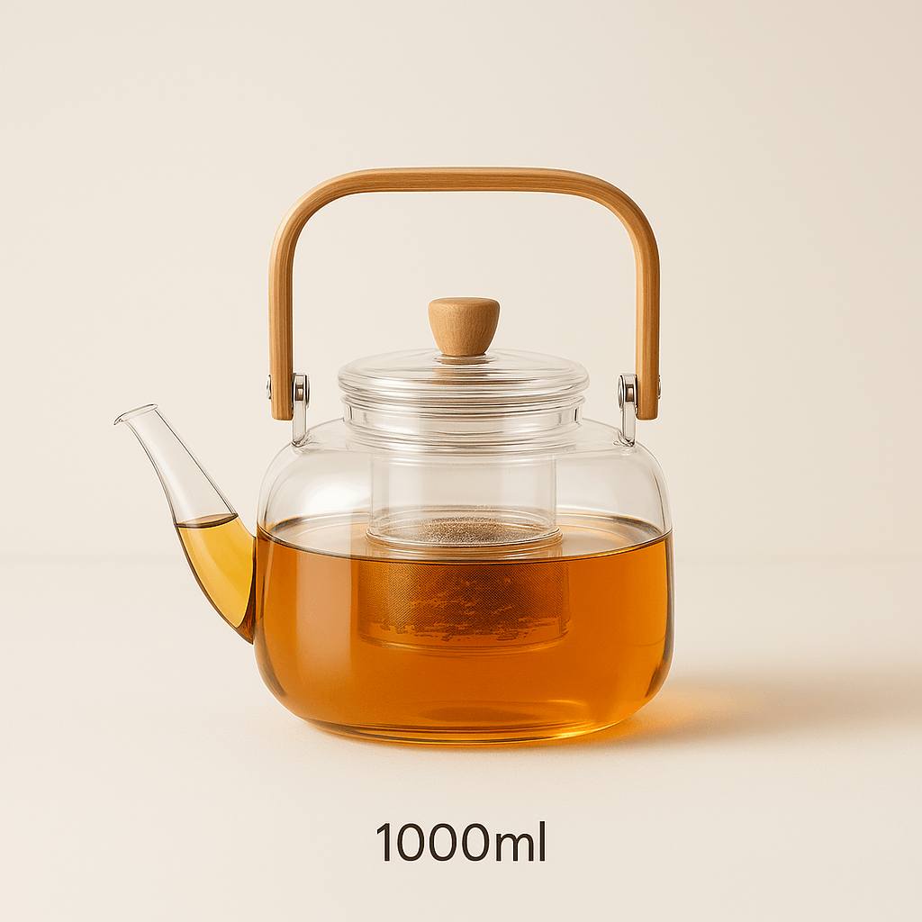 Théière Traditionnelle en Verre Borosilicate - 1000 ml - Anse Bambou Naturel - Mixoya