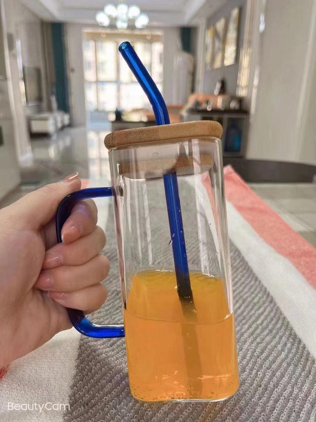 Mug en Verre Carré 350ml – Couvercle Bambou & Paille Colorée - Mixoya