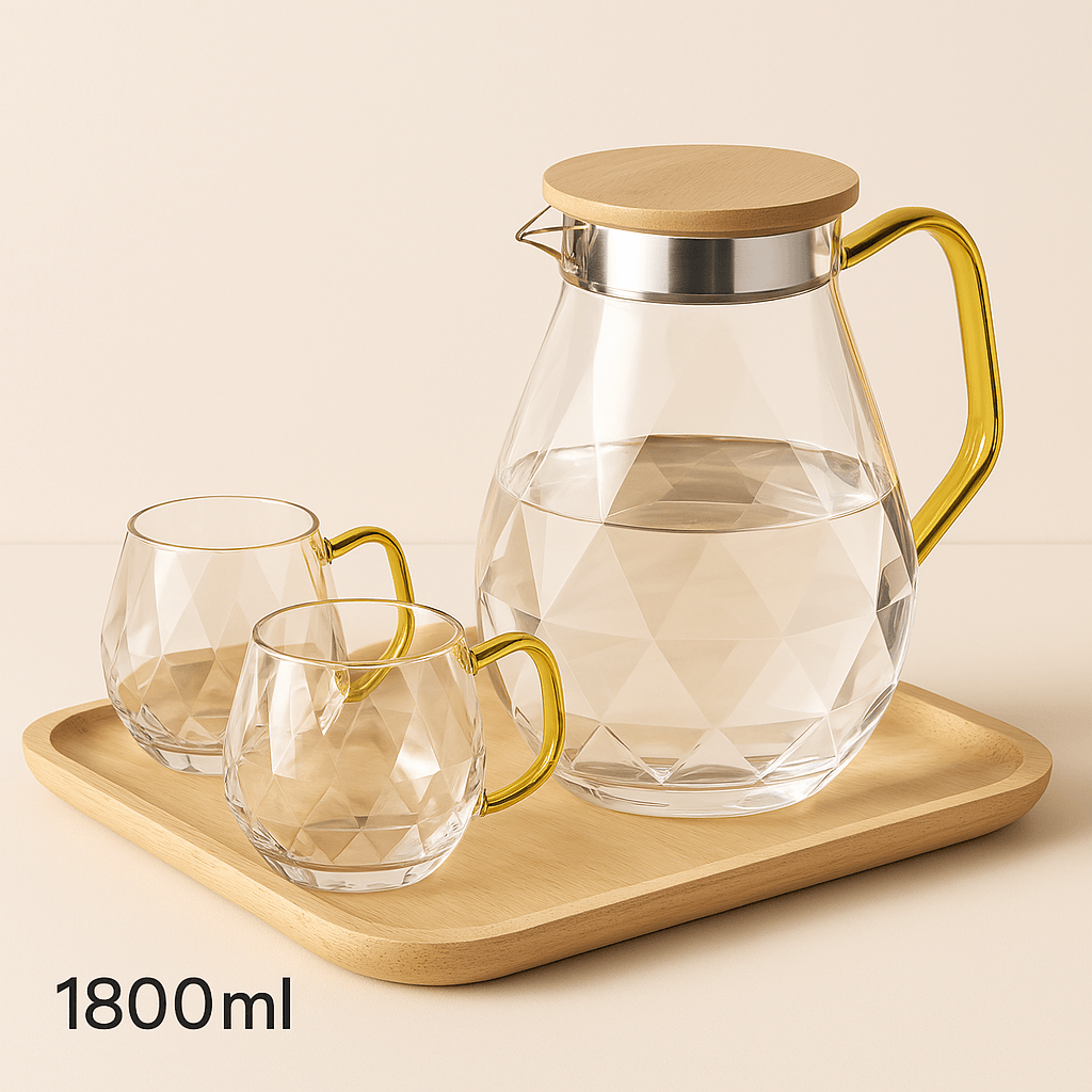 Carafe en Verre Borosilicate 1.5L à 2.2L avec Couvercle Bambou – Design Diamant et Texturé - Mixoya