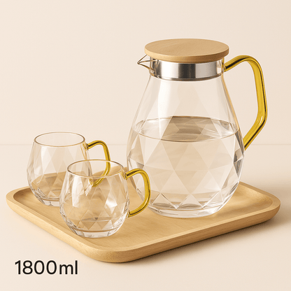 Carafe en Verre Borosilicate 1.5L à 2.2L avec Couvercle Bambou – Design Diamant et Texturé - Mixoya