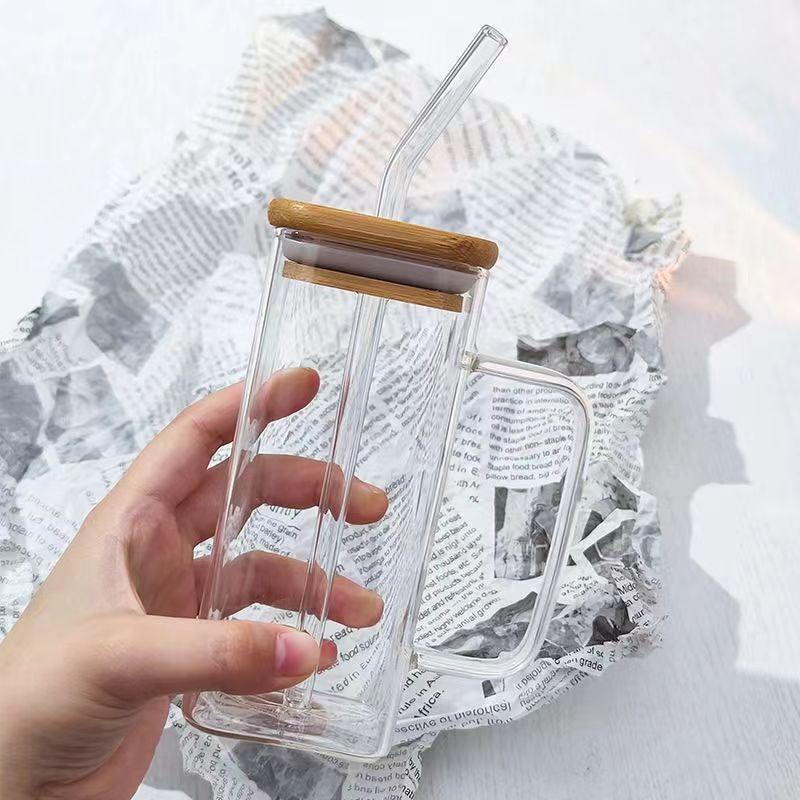 Mug en Verre Carré 350ml – Couvercle Bambou & Paille Colorée - Mixoya