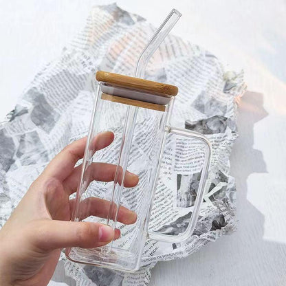 Mug en Verre Carré 350ml – Couvercle Bambou & Paille Colorée - Mixoya