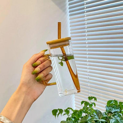Mug en Verre Carré 350ml – Couvercle Bambou & Paille Colorée - Mixoya