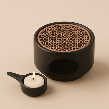 Chauffe-Bougie pour Théière en Céramique Noire avec Détail Doré – Élégance et Chaleur Zen - Mixoya