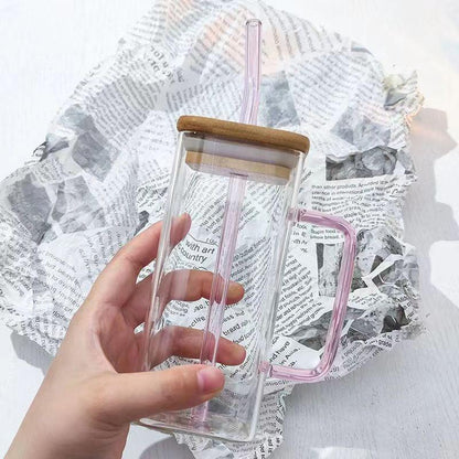 Mug en Verre Carré 350ml – Couvercle Bambou & Paille Colorée - Mixoya