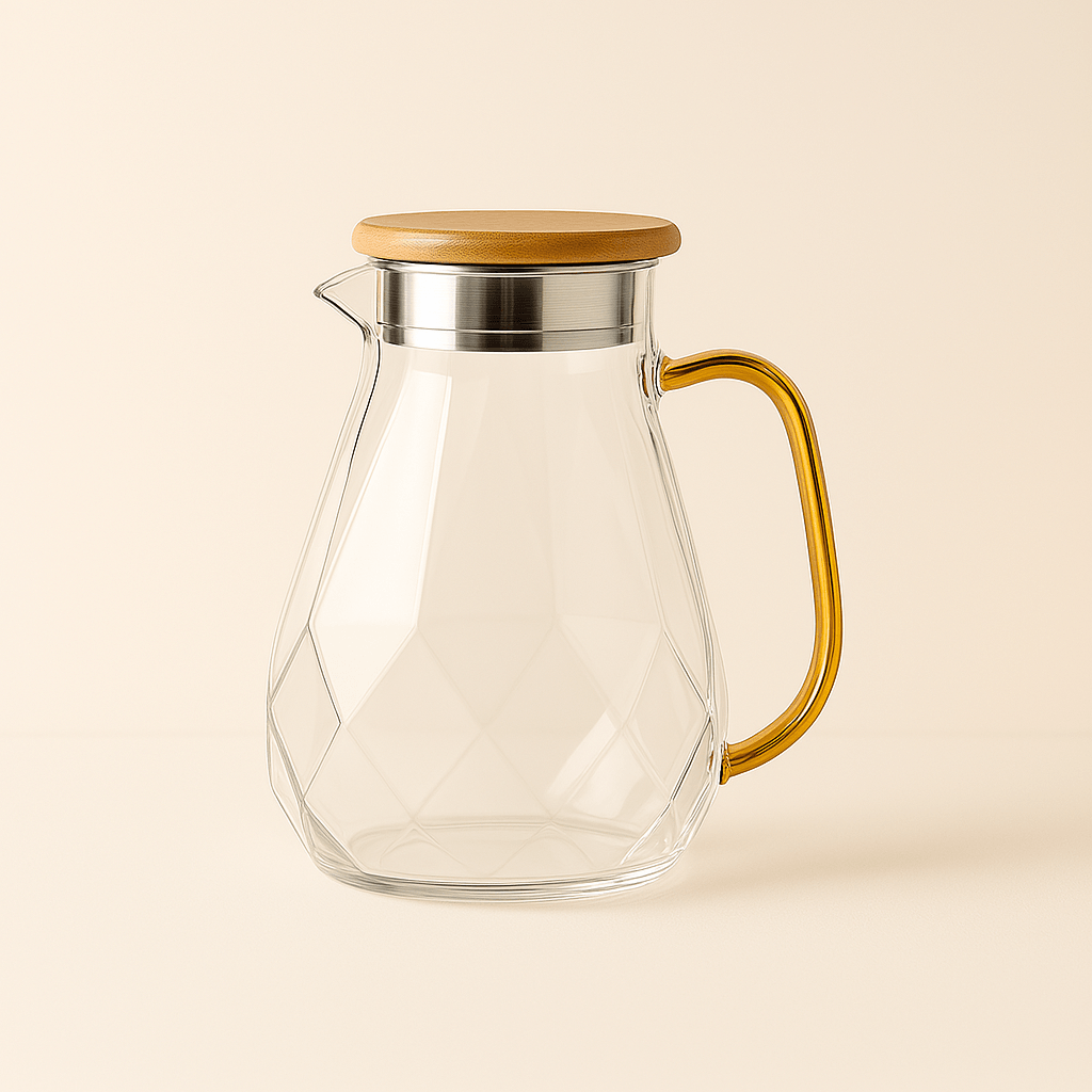 Carafe en Verre Borosilicate 1.5L à 2.2L avec Couvercle Bambou – Design Diamant et Texturé - Mixoya