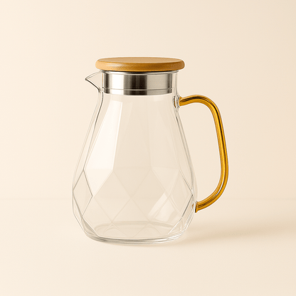 Carafe en Verre Borosilicate 1.5L à 2.2L avec Couvercle Bambou – Design Diamant et Texturé - Mixoya