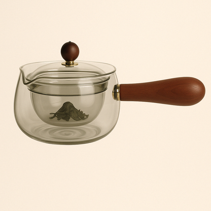 Théière Rotative en Verre Borosilicate avec Manche en Bois – Design Moderne - Mixoya