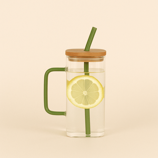 Mug en Verre Carré 350ml – Couvercle Bambou & Paille Colorée - Mixoya
