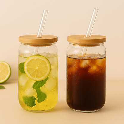 Gobelet en verre réutilisable avec couvercle bambou – 470ml ou 550ml - Mixoya