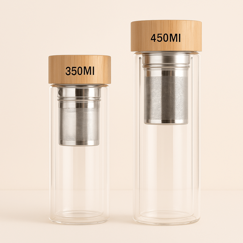 Bouteille Infuseur Isotherme en Verre Double Paroi avec Couvercle Bambou – 350 ml / 450 ml - Mixoya