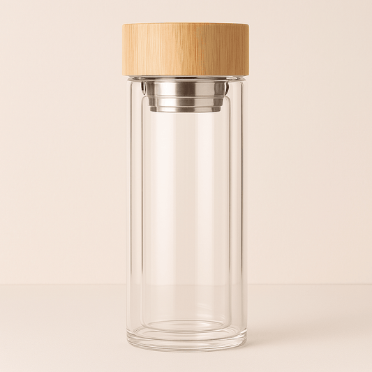 Bouteille Infuseur Isotherme en Verre Double Paroi avec Couvercle Bambou – 350 ml / 450 ml - Mixoya