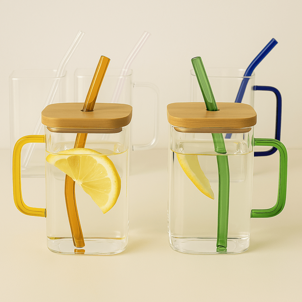 Mug en Verre Carré 350ml – Couvercle Bambou & Paille Colorée - Mixoya