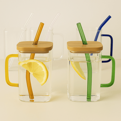 Mug en Verre Carré 350ml – Couvercle Bambou & Paille Colorée - Mixoya