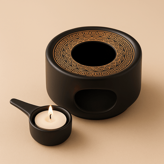Chauffe-Bougie pour Théière en Céramique Noire avec Détail Doré – Élégance et Chaleur Zen - Mixoya